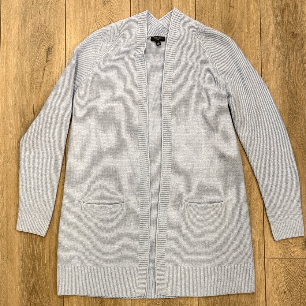 Talbots Soft Heathered Blue Knit Open Long Cardigan w/ Pockets - Petite- NWOT
